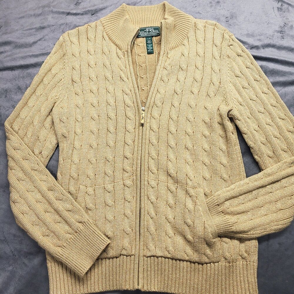 Vintage Ralph Lauren Active Gold Cableknit Sweater Women’s Full Zip Metallic LG